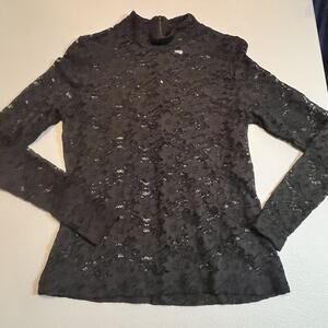 Black Lace Long Sleeve Sheer Shirt Top Whimsygoth Witchy dark academia Sz Medium
